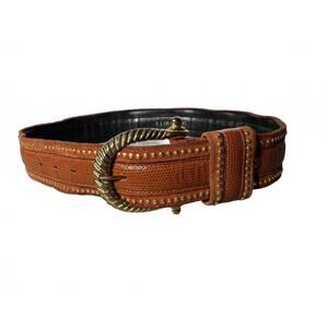 RJ Graziano Leather Belt Brown Lizard Goldtone Small Brass Buckle Vintage